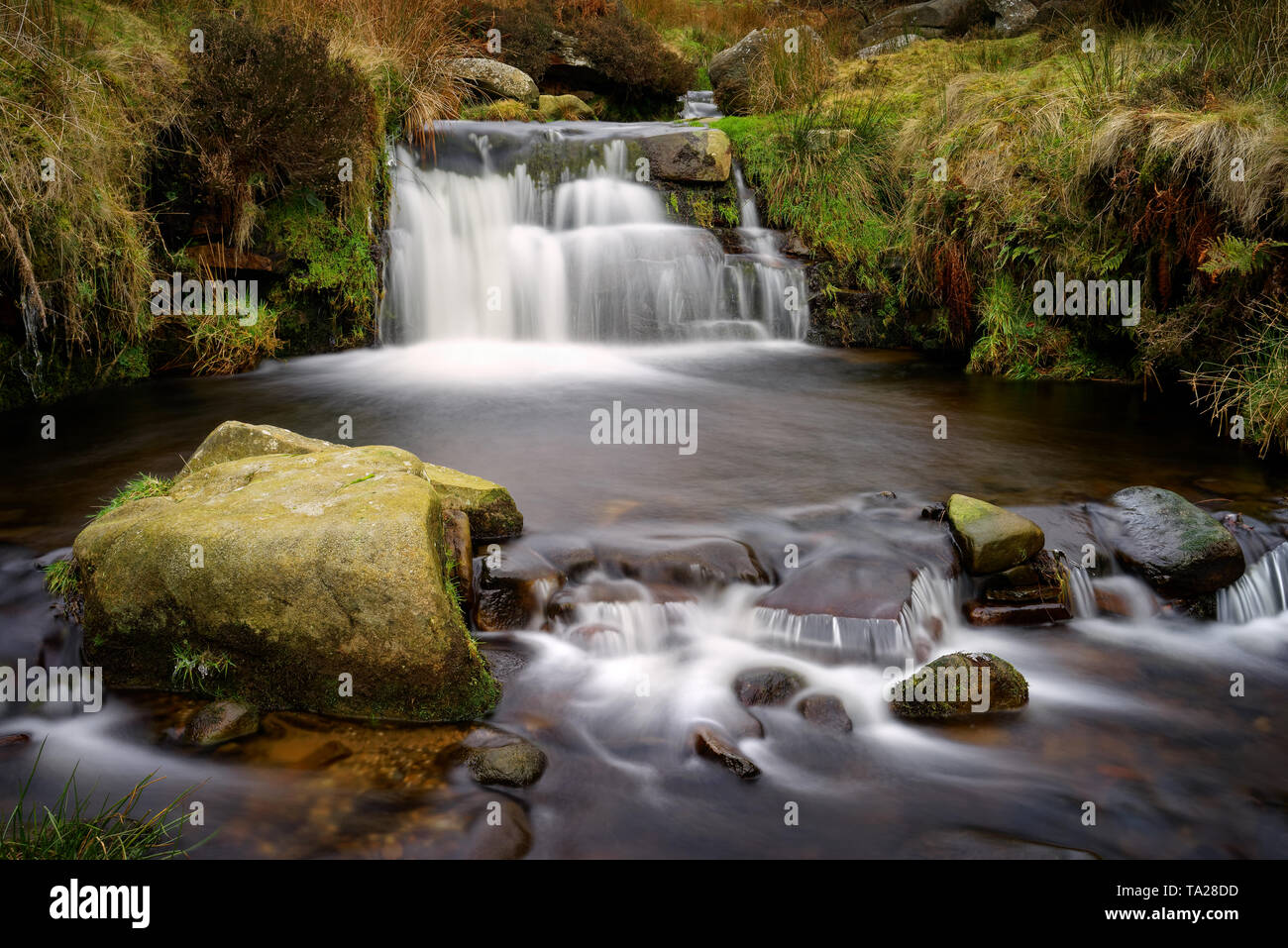 UK,Derbyshire,Peak District,Grindsbrook Clough Waterfalls Stock Photo