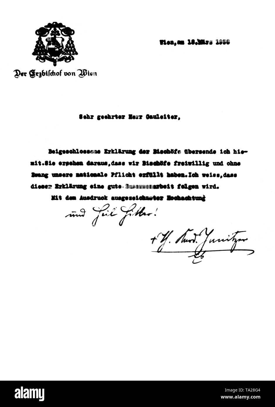 Letter of the Archbishop of Vienna Theodor Innitzer to the Gauleiter Josef Brueckel in which he advocates for the annexation of Austria to the German Reich. Under the statement is written: 'Heil Hitler'. Stock Photo