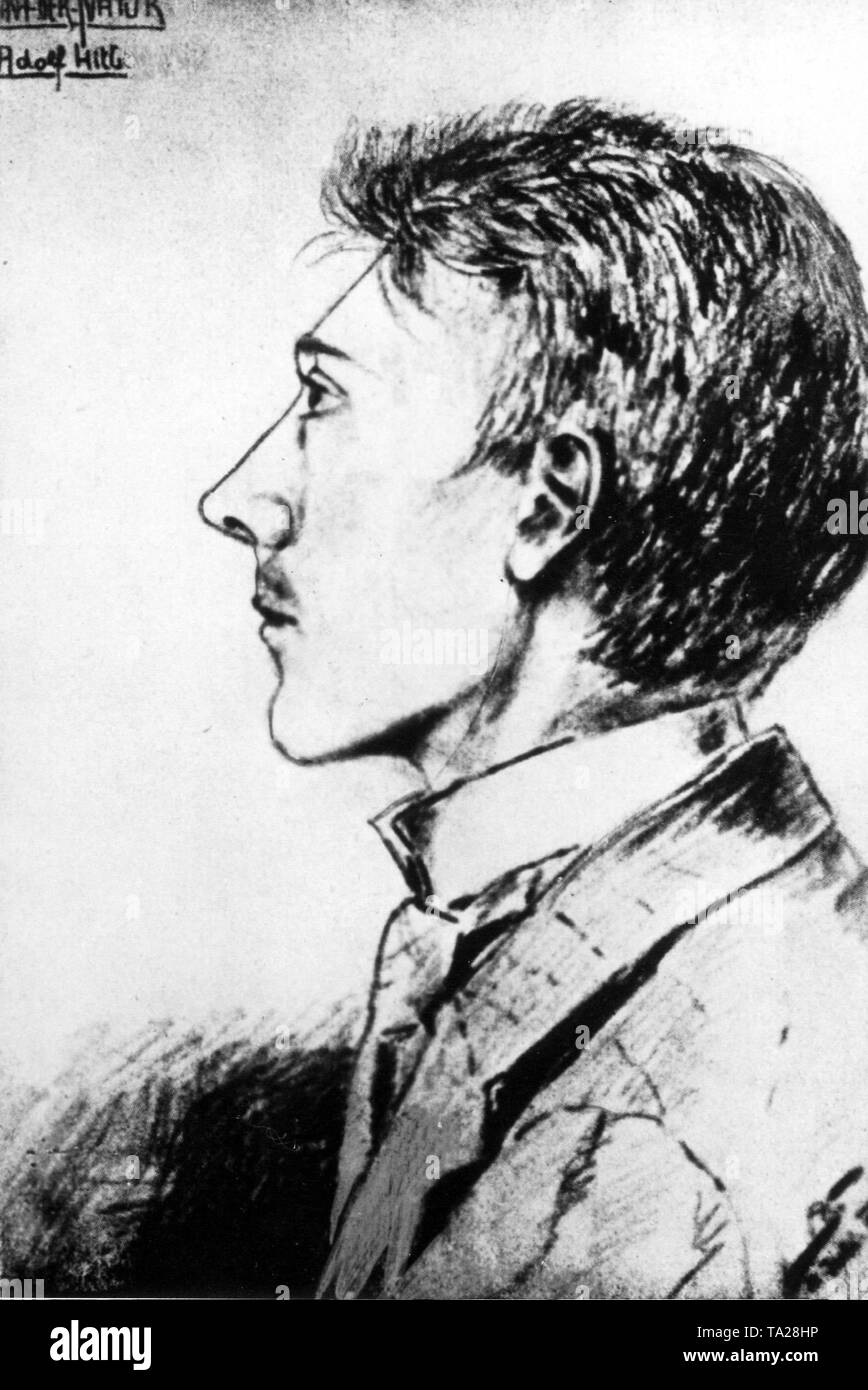 Portrait sketch of Hitler, made by his classmate F. Sturmlechner in Hitler's school years in Linz. Stock Photo