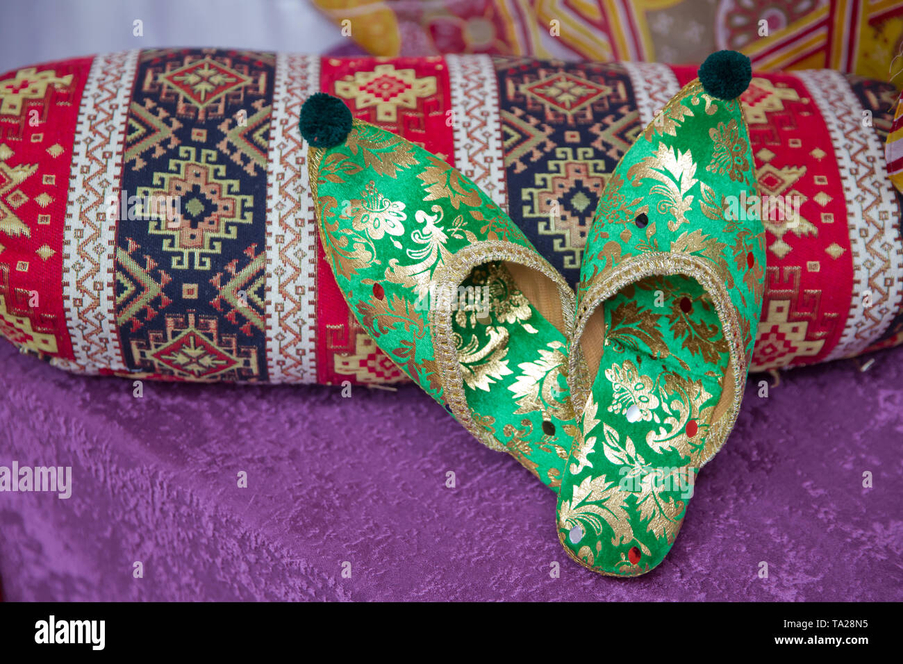 Arabian Embroidered Leather green Shoes . Traditional Arabic green