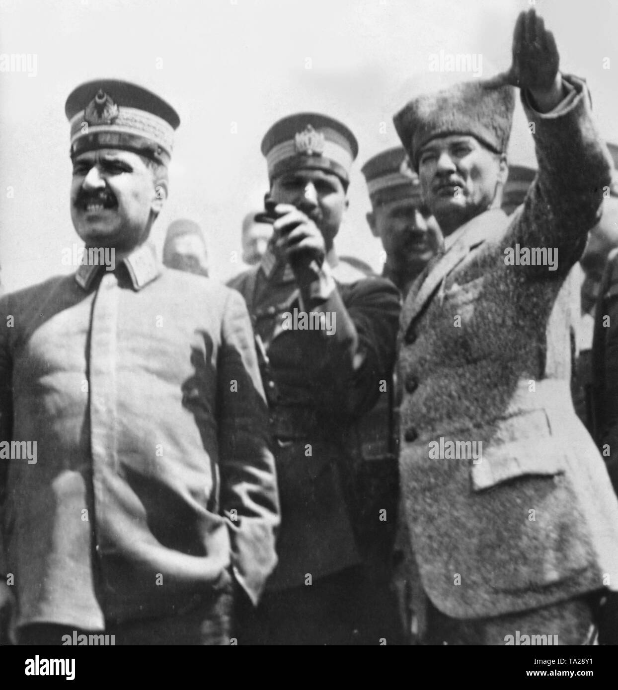 Fevzi Cakmak, Kazim Karabekir and Mustafa Kemal Ataturk (until 1934 Mustafa Kemal Pasha). Stock Photo