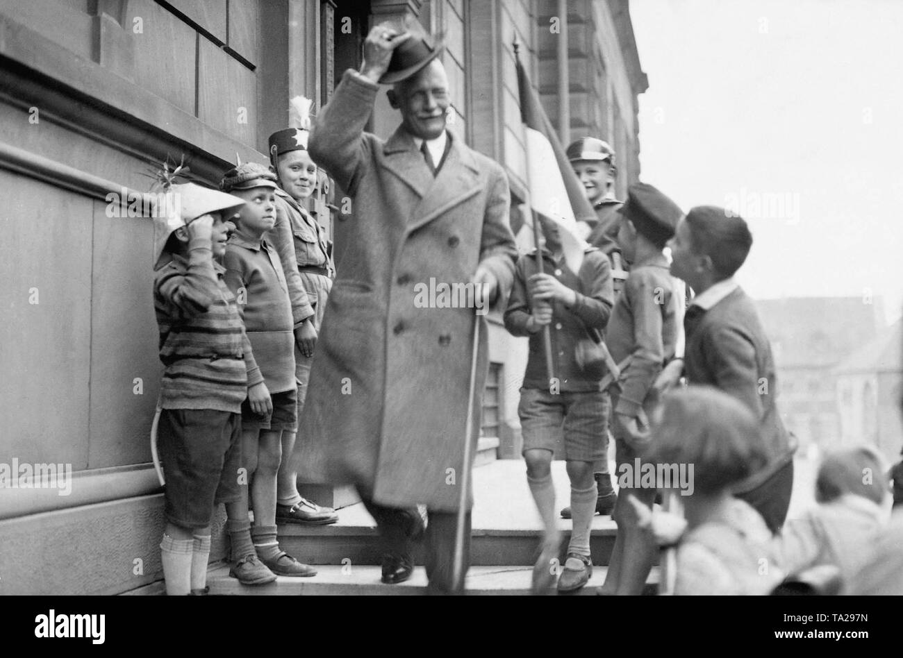 Crown Prince Rupprecht of Bavaria greets children who are playing soldiers. Stock Photo