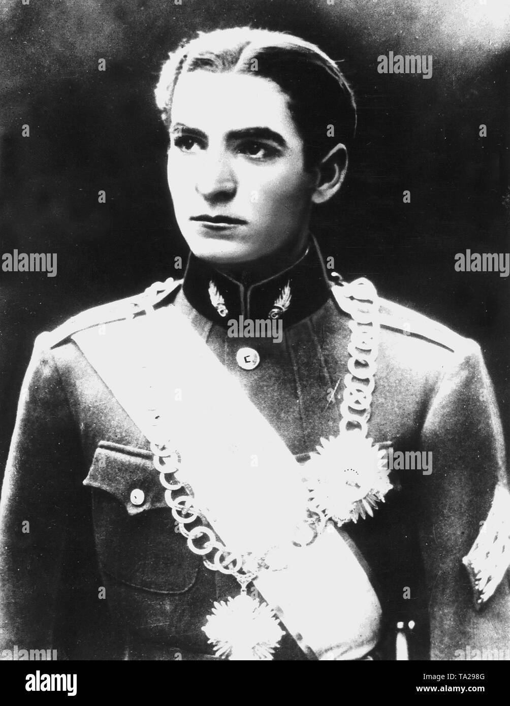 Photo of the young Persian Crown Prince Reza Pahlavi who later became the Shah of Persia. Here at the age of 19, shortly before his marriage in Cairo, with the 18 year old sister of King Farouk of Egypt, Princess Fawzia. Stock Photo