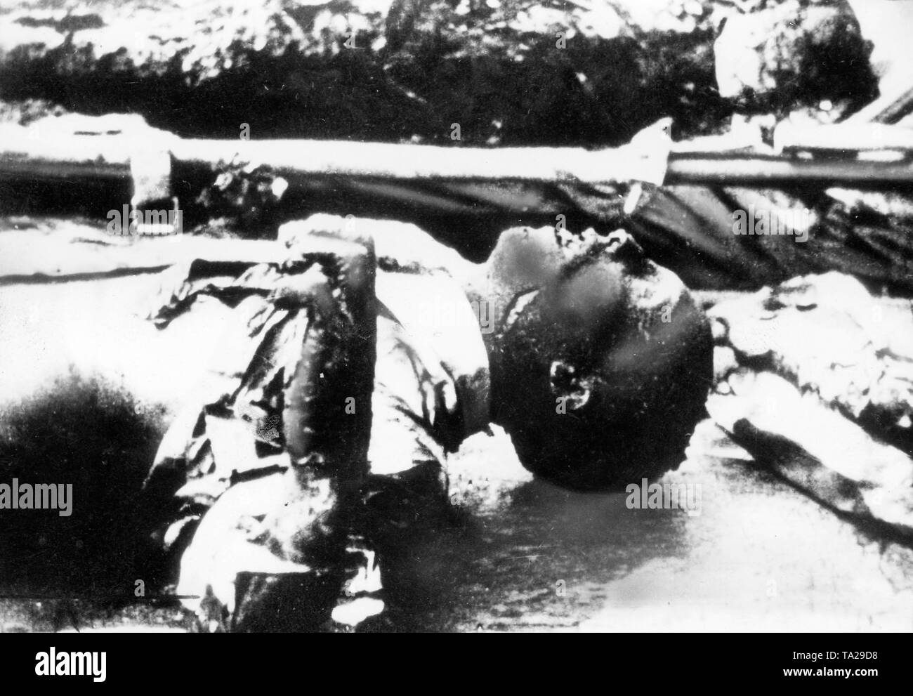 After the suicide of Joseph Goebbels and his wife Magda, the bodies were burned in the garden of the Reich Chancellery Stock Photo
