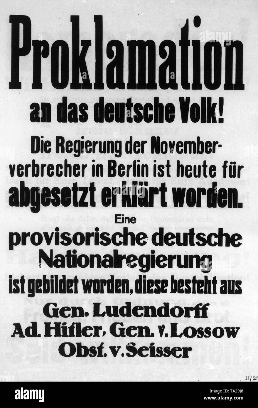 A proclamation from the time of the coup attempt in Munich, when right circles were trying to occupy the ministries in Munich as a prelude to a general overthrow. The proclamation was signed with the names of Erich Ludendorff, Adolf Hitler, General Otto von Lossow and Hans Ritter von Seisser. Stock Photo