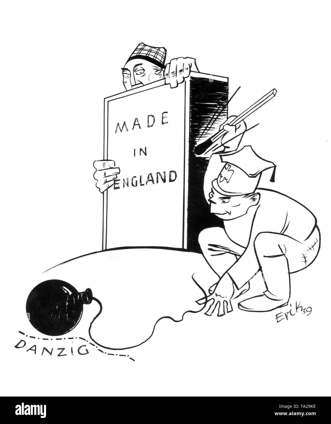 This Nazi propaganda cartoon by Erik shows a Pole trying to light a bomb in Danzig with a match from an English matchbox, watched by a Russian. This caricature is supposed to state that Poland, under the influence of the Soviet government, wants to stack the deck with Danzig, with the support of the Brits, but gets the short end of the stick, because behind Danzig is the German Reich. Stock Photo
