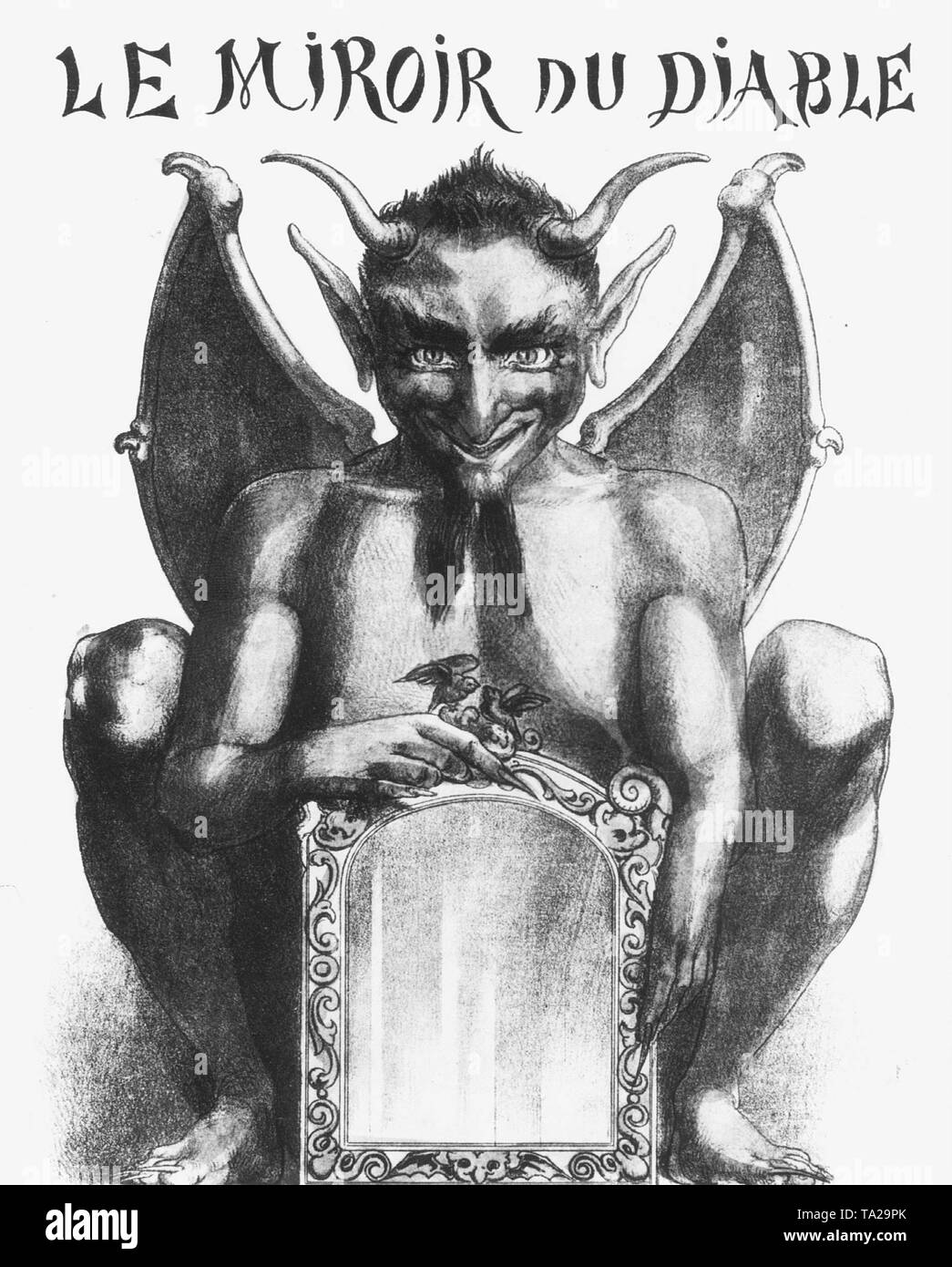 This devil illustration entitled 'The Devil's Mirror' is the cover of a game box from 1856. Stock Photo
