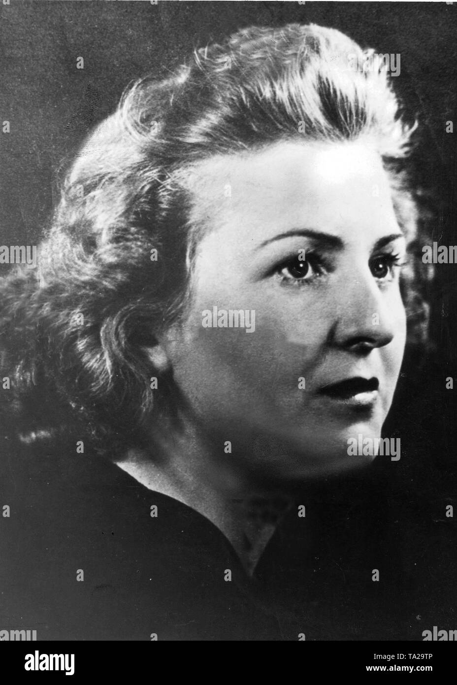 Undated portrait of Eva Braun (1912-1945), the companion and later wife of Adolf Hitler with whom she committed suicide. The picture was found by members of the US Military Government on an estate in Bavaria. Along with this image they found silver, jewelry, photo albums and excerpts from her letters to Adolf Hitler. Stock Photo