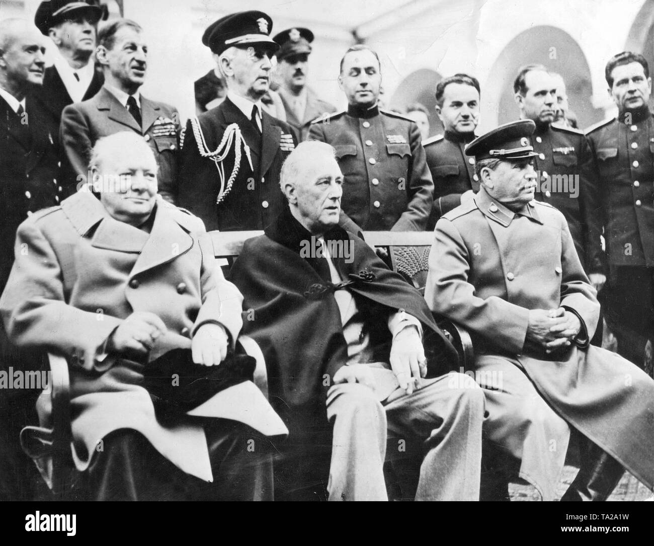 The Yalta Conference: the British Prime Minister Winston Churchill, the American President Franklin D. Roosevelt and Joseph Stalin. Back row, from left.: Sir Alan Cunningham, General Sir Hastings Ismay, Fleet Admiral E.J. King. Stock Photo