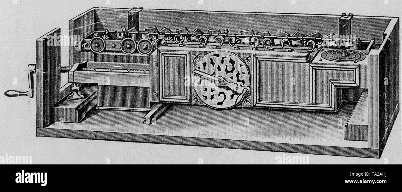 A calculating machine designed and built by Gottfried Wilhelm Leibniz (1646-1716) which worked partly according to modern mathematical methods. Photo after a contemporary design drawing. Stock Photo