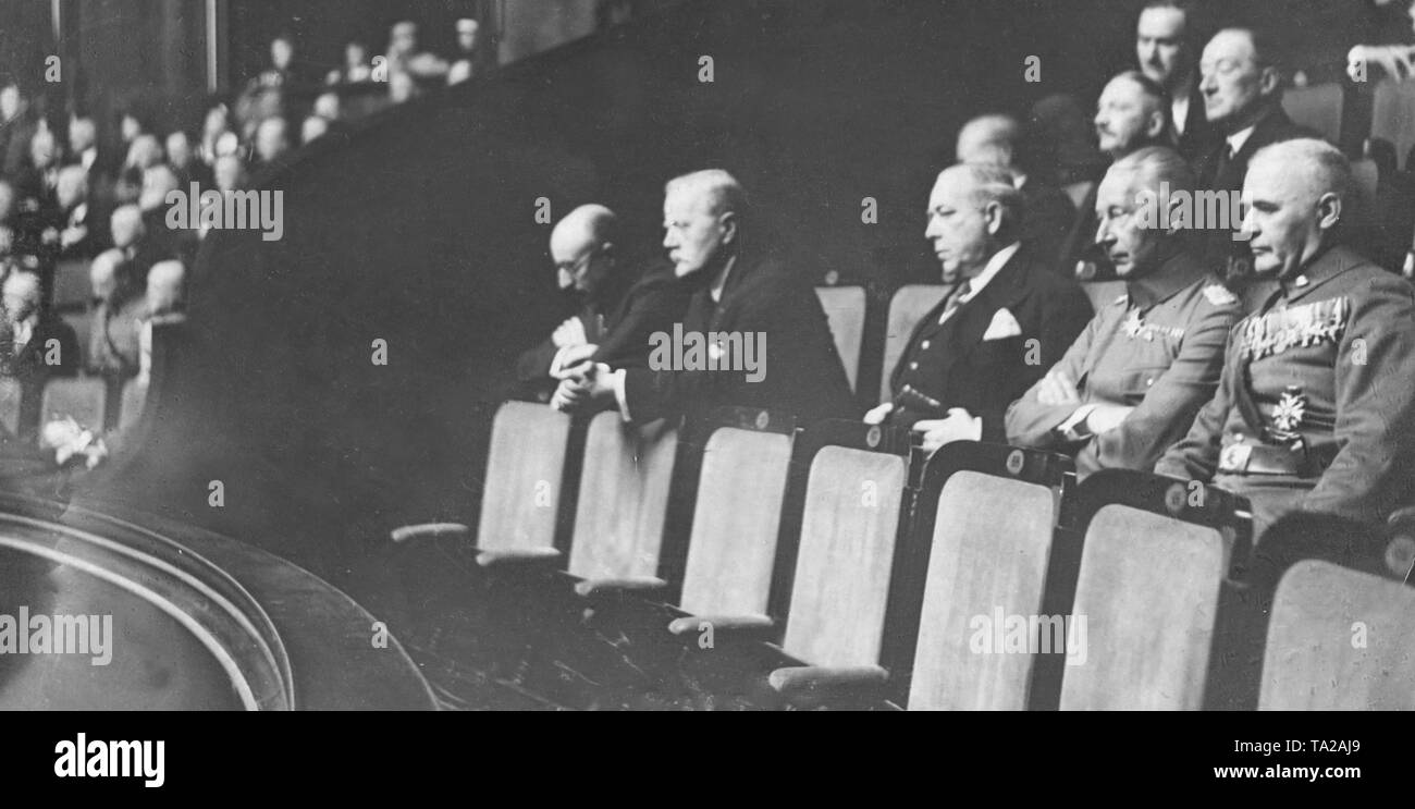 Crown Prince Wilhelm of Prussia (2nd from right) in the diplomats' box at the opening of the Reichstag, dominated by the NSDAP, in the temporary seat, the Kroll Opera House. Stock Photo