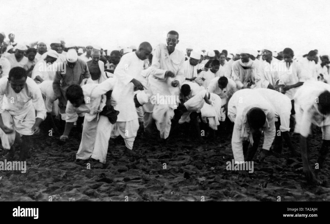 Mahatma Gandhi and his followers collect salt on the coast of India. The Salt Marsh was a protest campaign against the British colonial power. The goal was to produce salt themselves and become independent of the British monopoly. This campaign was the beginning of the Indian independence movement. Stock Photo