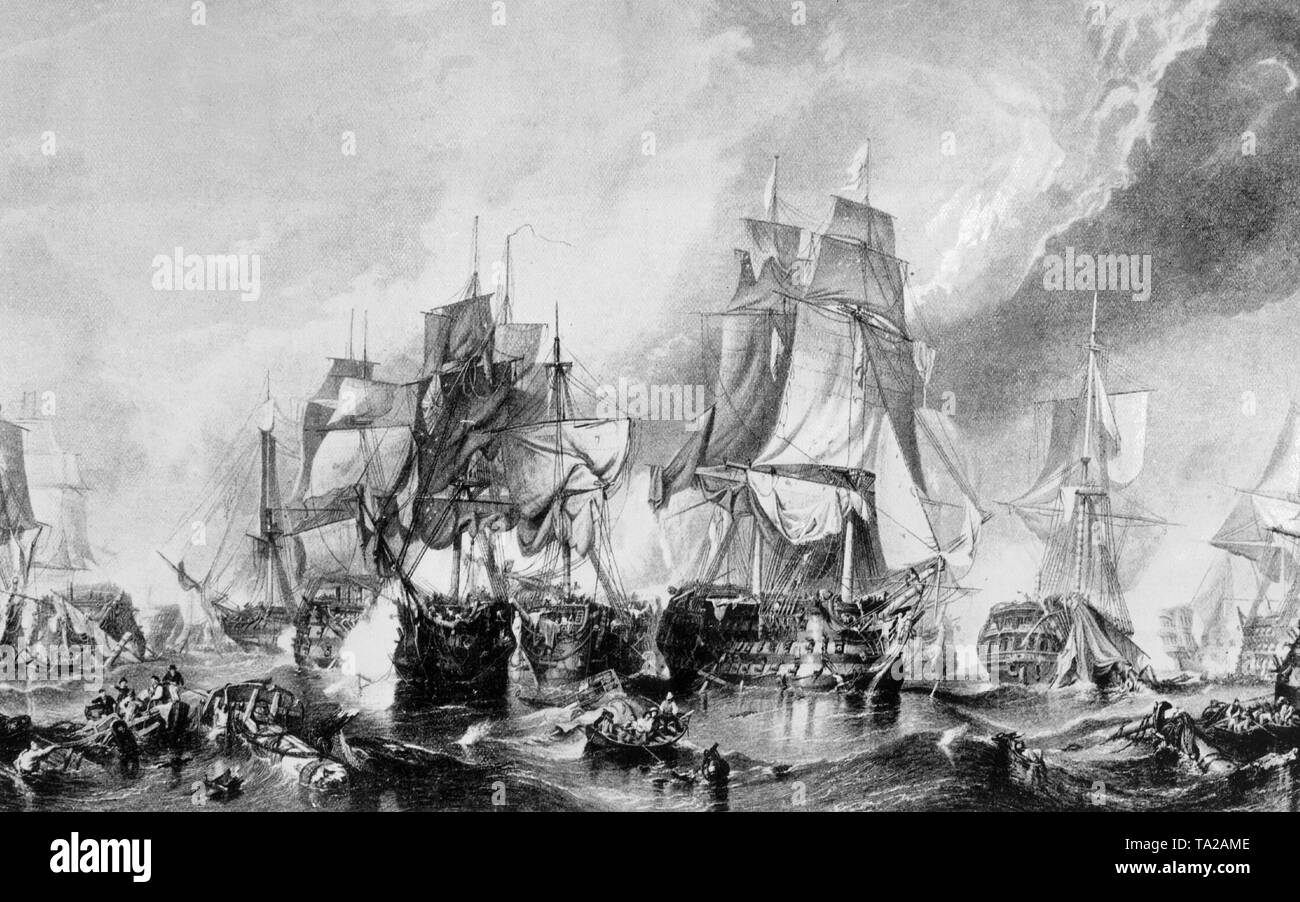 Drawing of the Battle of Trafalgar on 21 October 1805 in which the English fleet inflicted a crushing defeat on the combined fleets of the French and Spanish Navies. Stock Photo