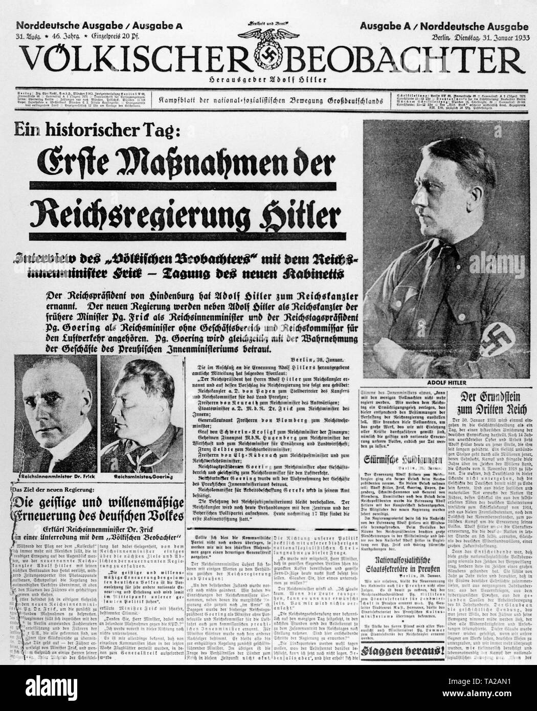 Front page of the North German issue of the NSDAP newspaper 'Voelkischer Beobachter' with the report of Hitler's first acts as Reich Chancellor, an interview with Reich Minister of the Interior Frick and the first meeting of the new cabinet. Stock Photo