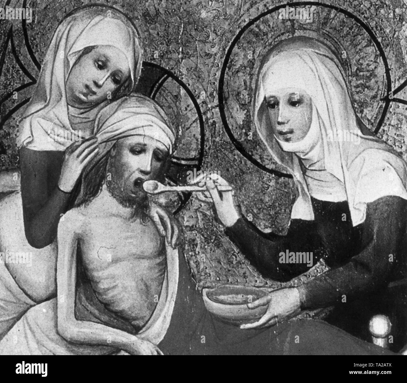 Illustration of St. Elizabeth from around 1380, as she gives a patient