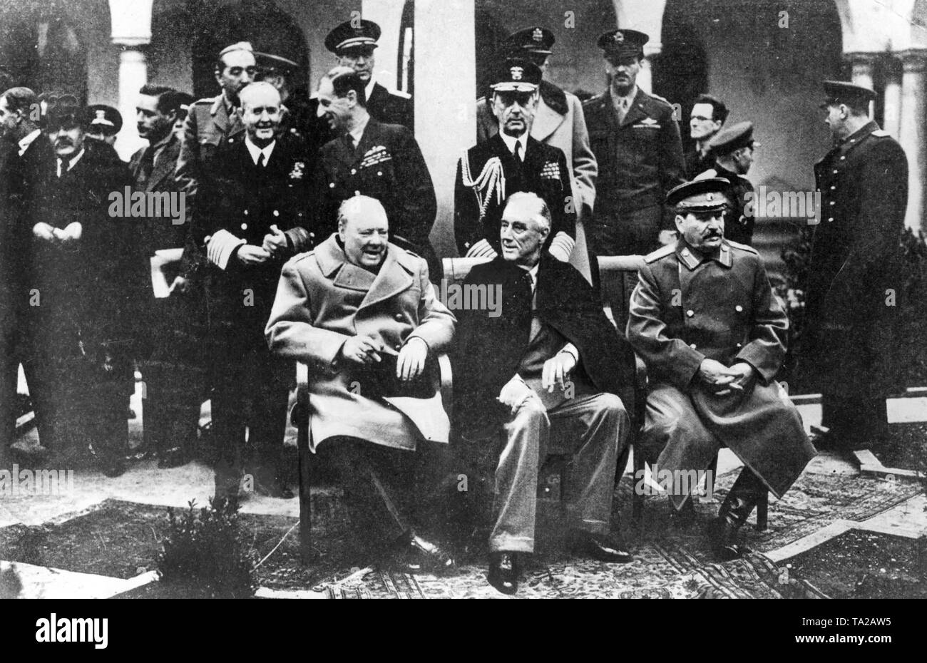 First row L-R: Winston Churchill, Franklin D. Roosevelt, Joseph Stalin, Second row L-R: Anthony Eden, Vyacheslav Molotov, Sir Alan Cunningham, also shown: General Sir Hastings Ismay, Fleet Admiral E.J. King, Yalta Conference, 4th-11th February 1945, Konferenz von Jalta: Winston Churchill, Franklin D. Roosevelt, Josef Stalin, 1945, Stock Photo