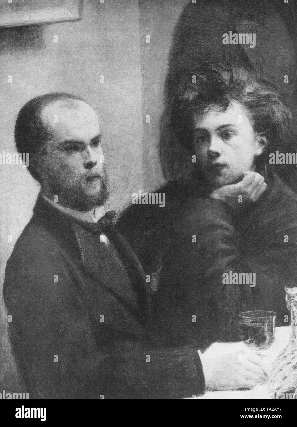 The French poet Arthur Rimbaud and Paul Verlaine (left) on a painting by Henri Fantin-Latour. Stock Photo