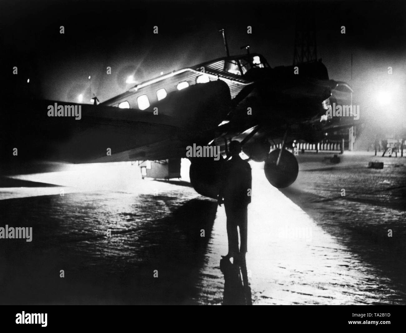 In 1926, the Deutsche Lufthansa opened the first night flight route from Berlin-Tempelhof to Koenigsberg (Kaliningrad) with its three-engined Junkers G 24 aircraft. Stock Photo