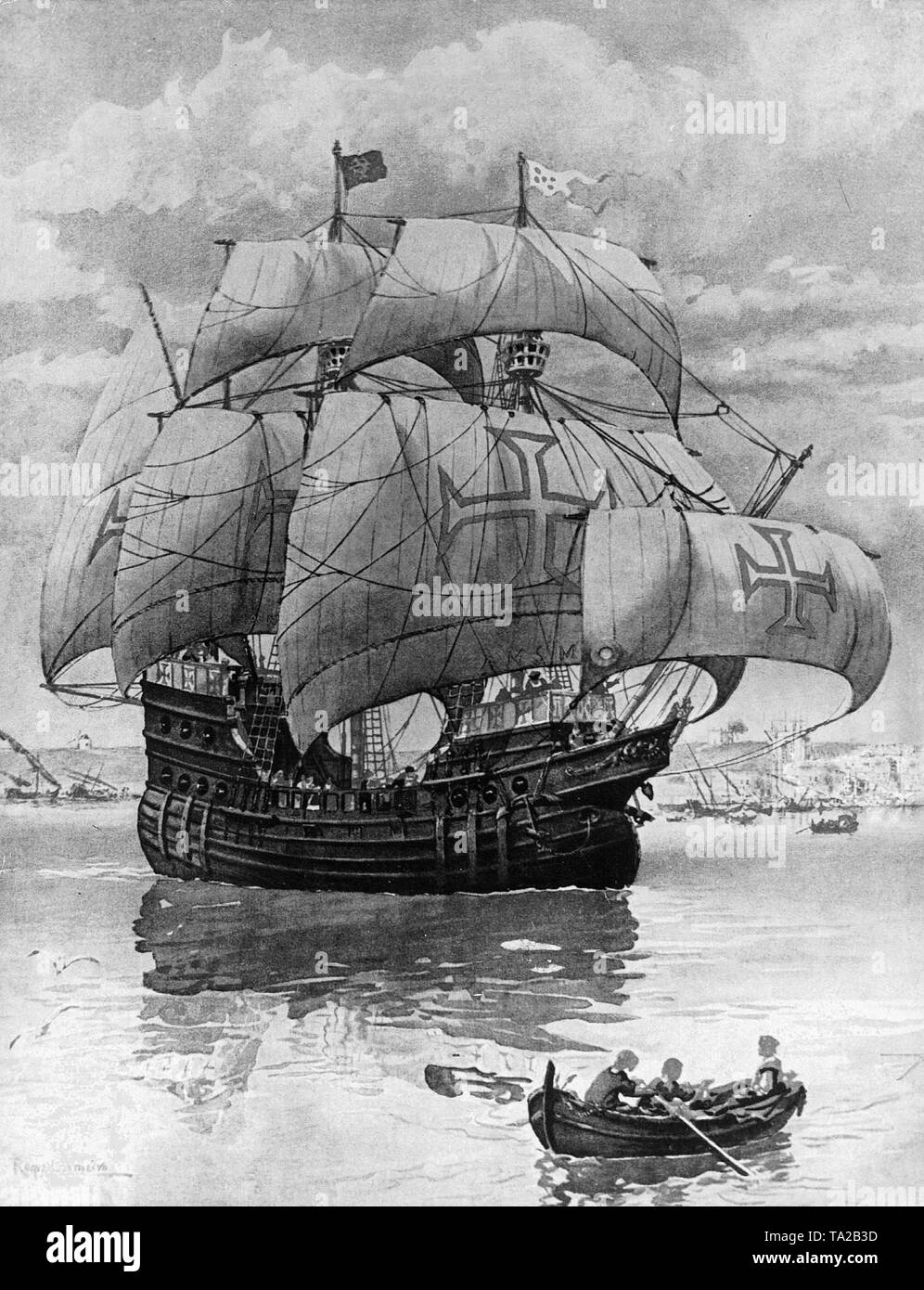 Painting depicting the Portuguese caravel, with which Vasco da Gama discovered the sea route from Portugal to India along the African coast in 1497-1498. Stock Photo