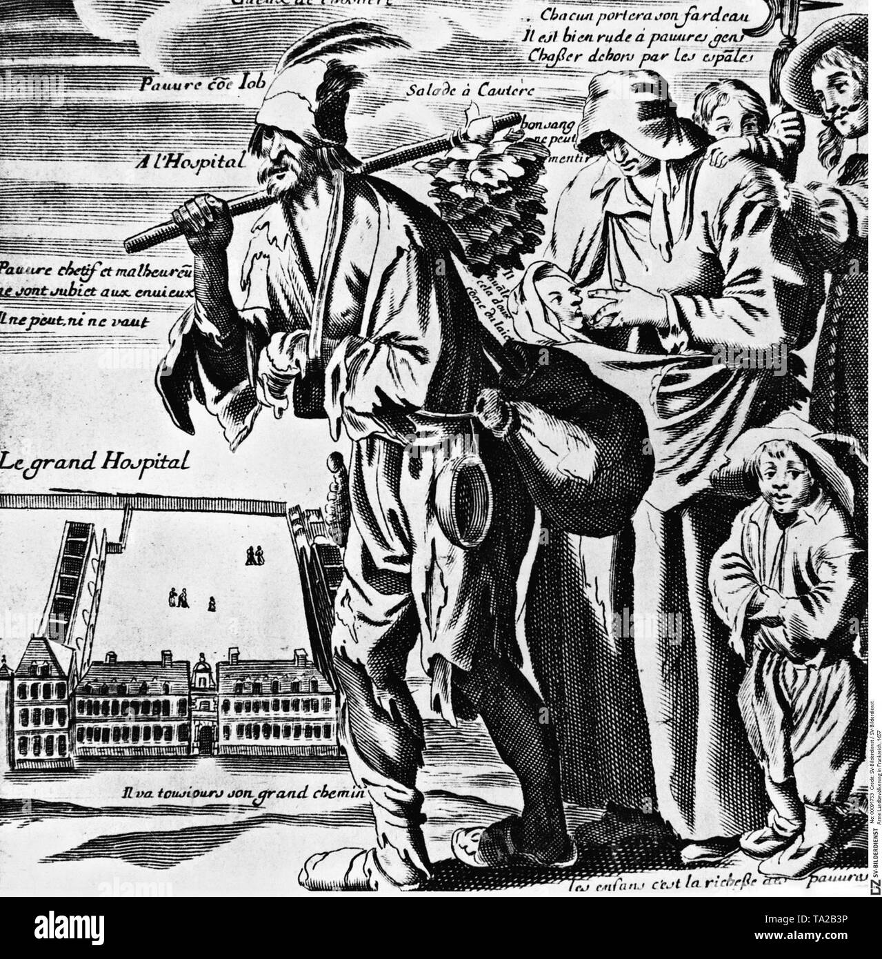The contemporary engraving depicts an impoverished peasant family. The man carries his injured arm in a sling. In the background there is a hospital. Stock Photo