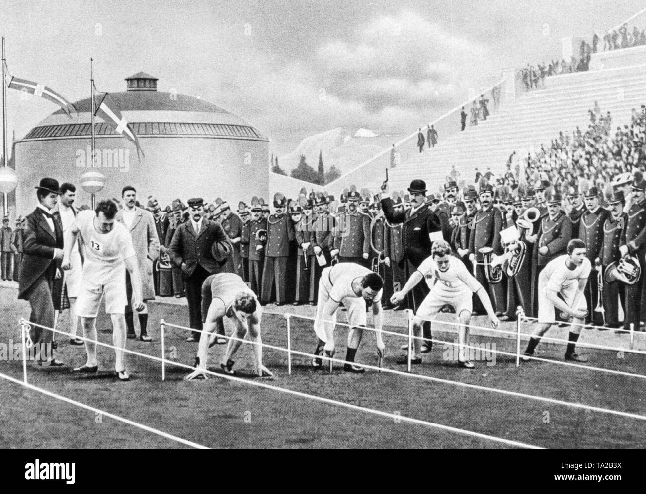 Drawing of the first modern Olympic Games in Athens: At the start of the 100 meters final run the runners take different positions. The American Burke (2nd from left) wins the race as he started with a modern crouch start. Stock Photo