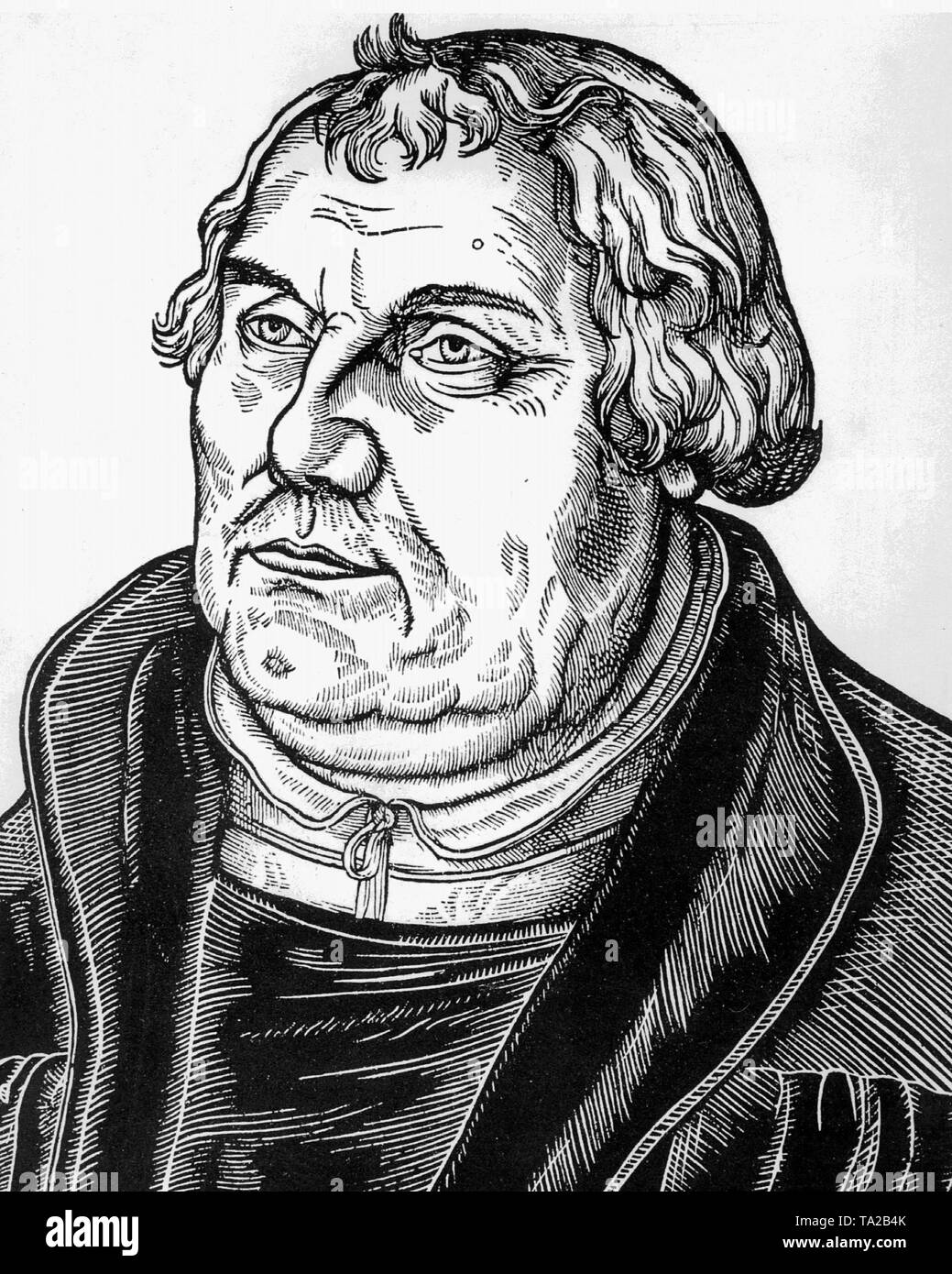 Martin Luther (1483-1546), Protestant reformer. Woodcut image of Luther by Lucas Cranach, the Older, which comes closest to his true appearance in his elder years. Stock Photo