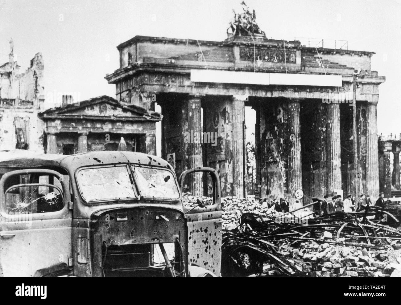 The Brandenburg Gate after the fighting ended in the city. Stock Photo
