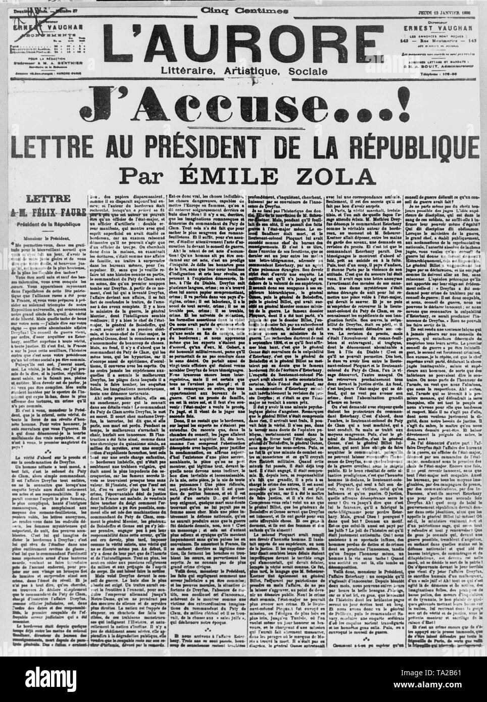 Title page of the newspaper L'Aurore with Emile Zola's open letter 'J'accuse ...'. In the article that has become world famous, Emile Zola takes the side of the unjustly convicted former Captain Alfred Dreyfus. Stock Photo