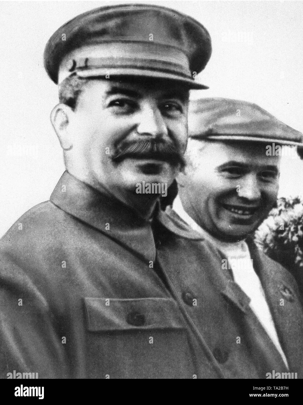 Portrait of Joseph Stalin and Nikita Khrushchev, 1938 Stock Photo