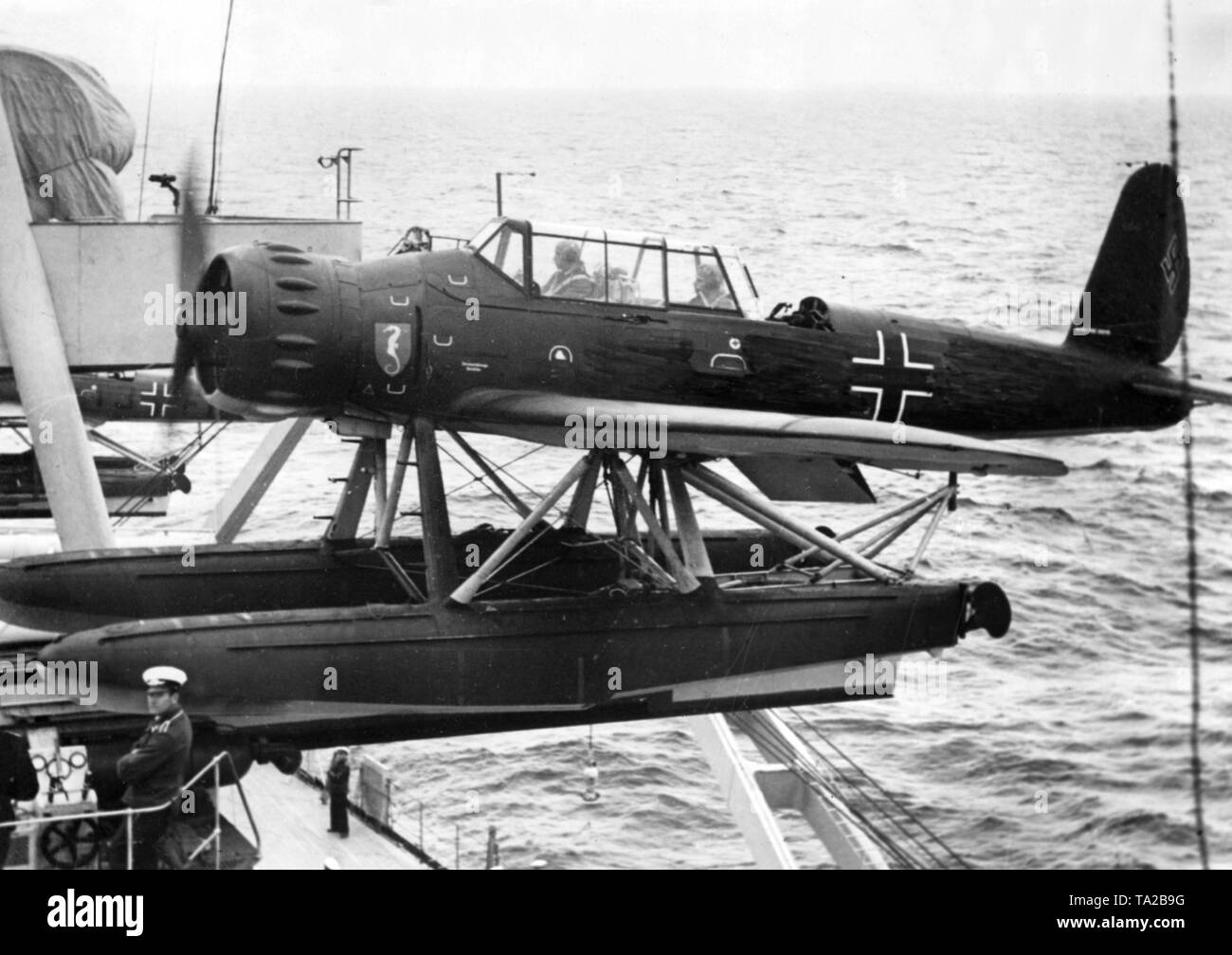 An Arado Ar 196 seaplane ready to take off on the catapult of a German warship. Photo: Eschenburg Stock Photo