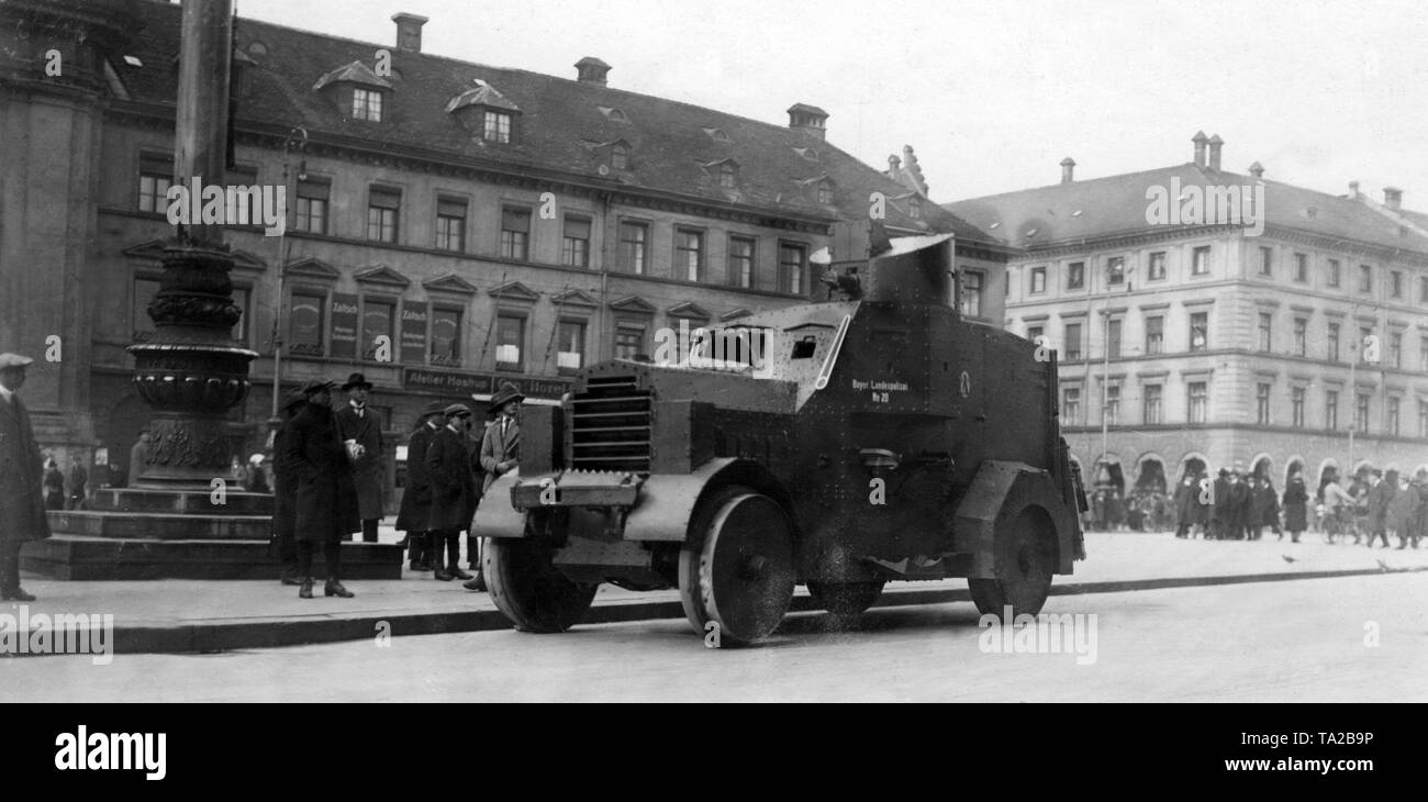 Armored car of the Bavarian state police on Odeonsplatz after the defeat of the Beer Hall Putsch. Stock Photo
