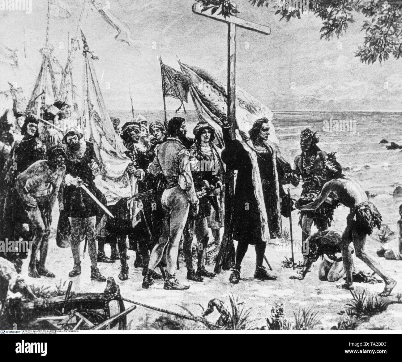 Italian navigator in the service of Spain, Christopher Columbus on his first landing in America. The illustration shows the welcome of Columbus and his Spanish crew by indians after landing on the Bahamian Island of San Salvador on October 12 1492 Stock Photo