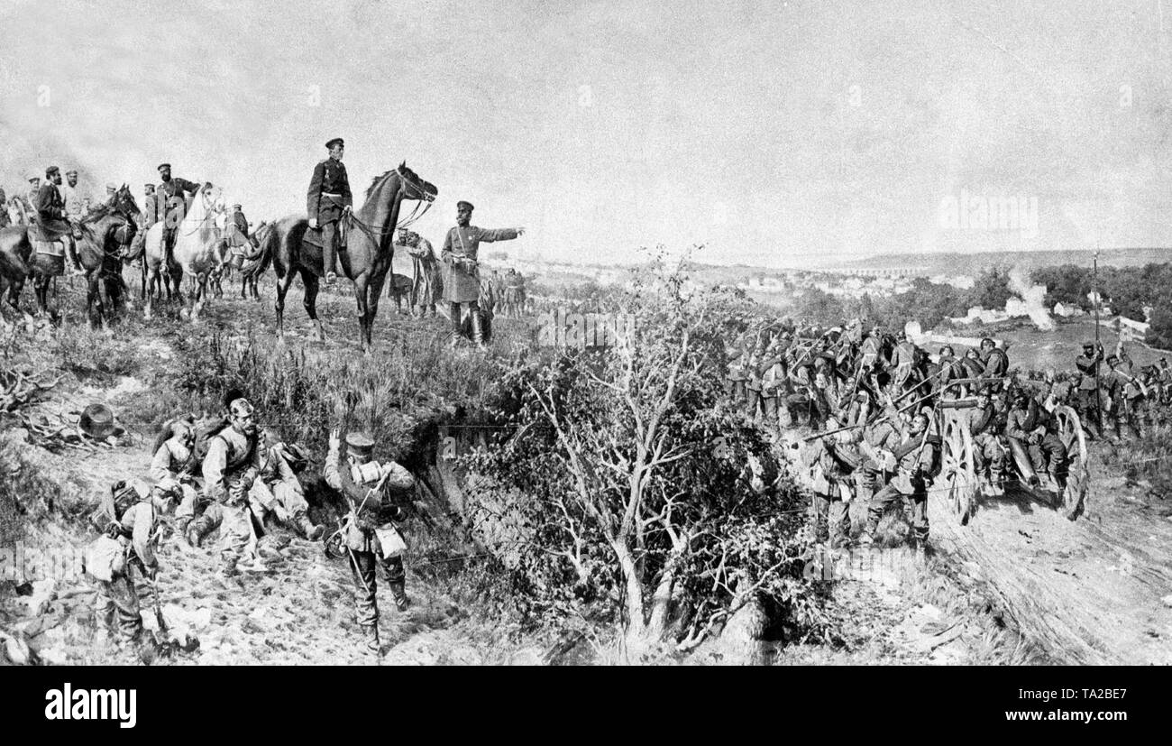 The Prussian Chief of Staff Helmuth von Moltke is greeted by Prussian soldiers on his Feldherrnhuegel (an elevated position from which the commander coordinates his troops) during the decisive battle against the Austrians led by Ritter von Benedek. This historical picture was made by the court painter of the German Emperor William II, Anton von Werner (1843-1915). Stock Photo