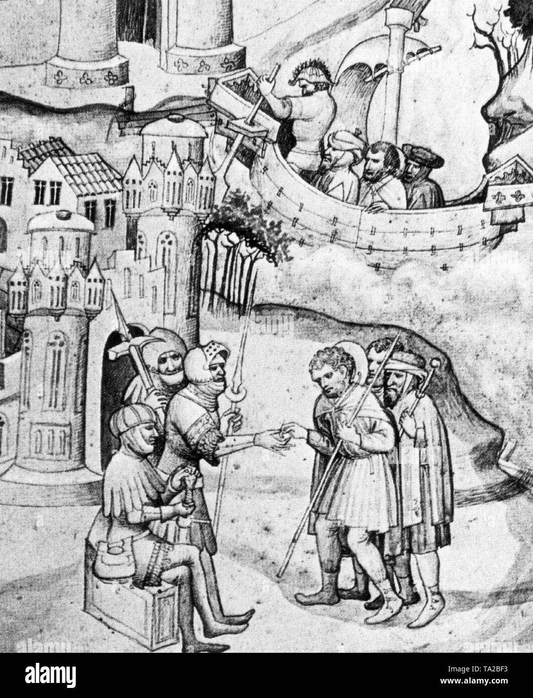 Pilgrims on their way to Jerusalem must pay a toll for using the road when entering the holy land in Jaffa. Illustration from a medieval manuscript (Estimated date). Stock Photo