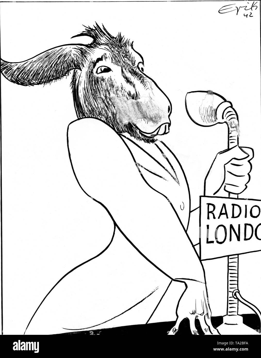 This anti-British propaganda poster shows the British radio host in the form of a donkey with reference to British press release on the losses of submarines in the Atlantic. Drawing: Erik Stock Photo