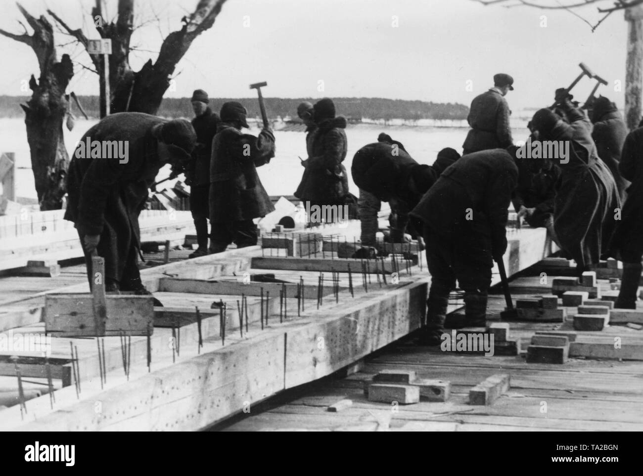 Workers of the Todt Organization are building a wooden bridge over a river (possibly Siwersky Donets) on the Eastern Front in the Soviet Union. Connectors that are supporting the roadways are being nailed together. War reporter: Goetze. Stock Photo
