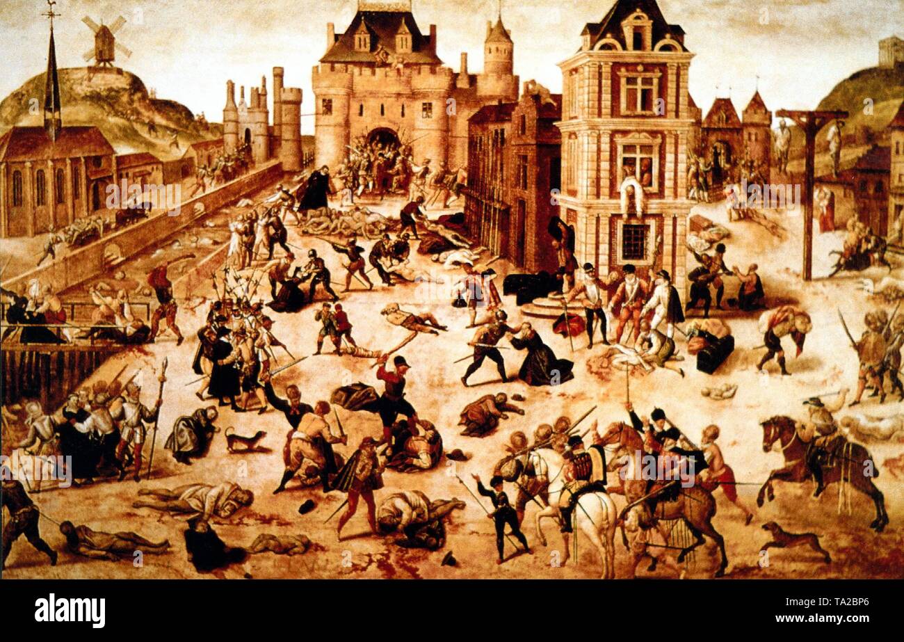 Painting of the St. Bartholomew's Day massacre (Paris Blood Wedding), on the night of 24.08. (St. Bartholomew's Day) in 1572 when Admiral G. de Coligny, among others leader of the Huguenots, was killed on the order of Catherine de Medici along with thousands of fellow believers who gathered to celebrate the wedding of the Protestant Henry of Navarre (later Henry IV of France) with Margaret of Valois in Paris. Stock Photo