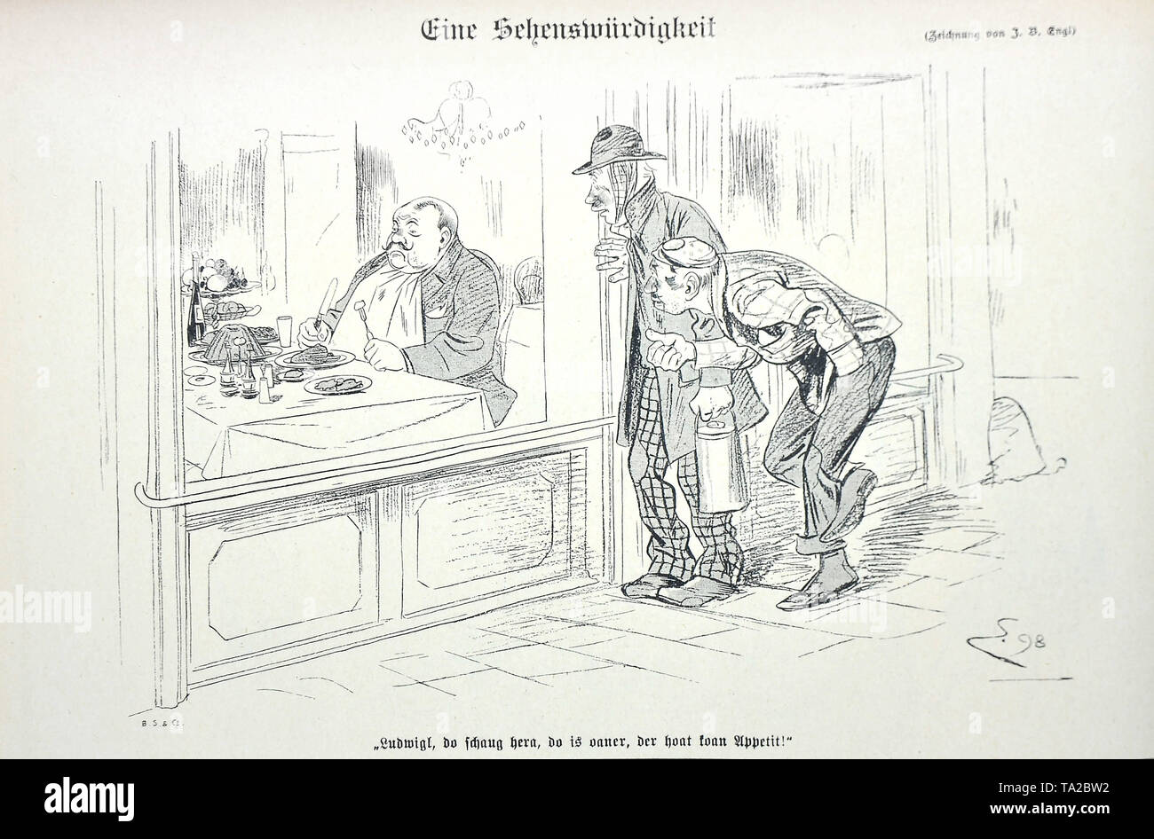 The drawing 'Eine Sehenswuerdigkeit' ('A sight') by Ferdinand von Reznicek. Cartoon from the satirical magazine 'Simplicissimus', Volume 4, Number 46 (1899). Under the picture: 'Ludwig, look, there is one who has no appetite!' Stock Photo