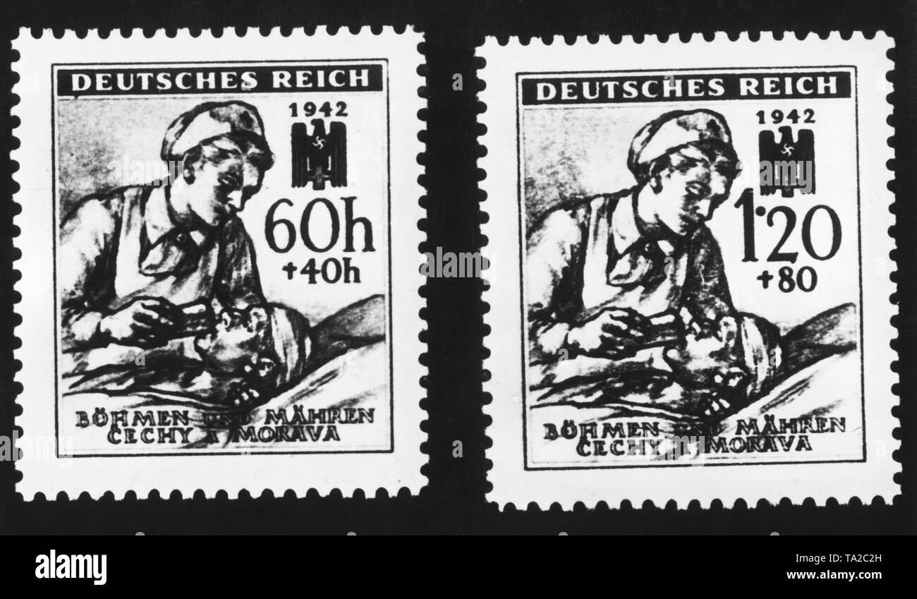 The postal administration of the Protectorate of Bohemia and Moravia issued special stamps in honor of the German Red Cross. Since March 1939, the areas of Bohemia and Moravia had been under German occupation. Stock Photo