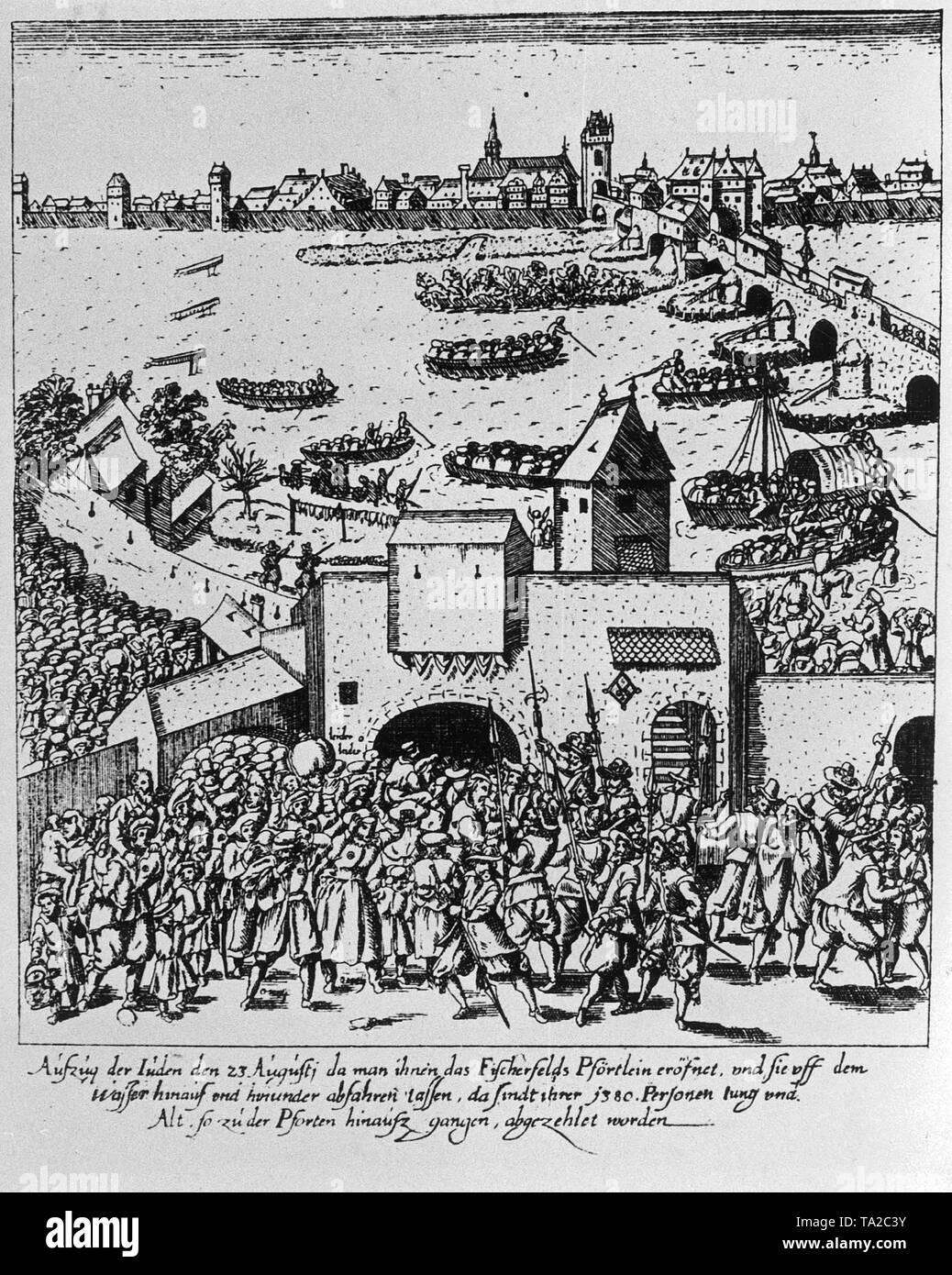 In 1614 the Judengasse in Frankfurt was plundered and devastated, and 1380 Jews had to flee the city, Stock Photo