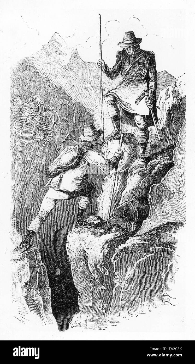 Around the middle of the 19th century people began to show interest in alpine activities especially in England, that were then associated with the greatest risks. Here in this picture you can see two of these pioneers of mountaineering. Stock Photo