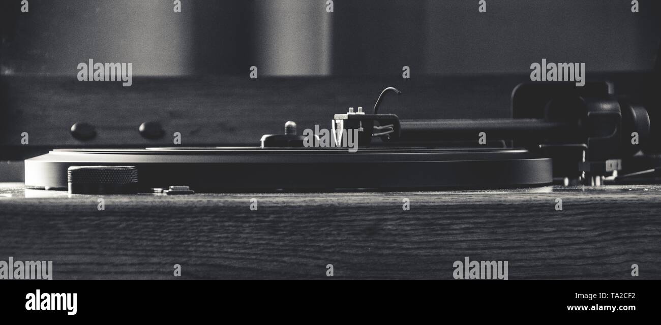 A vintage record player shot in black and white Stock Photo - Alamy