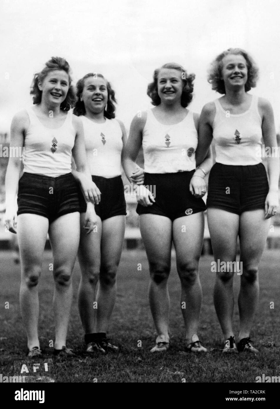 The victorious Hilde Ranke, Lene Muhlen, Annelise Engelhard and Helga Hulin (photo) won the competition between the Italian GIL (Gioventu Italiana del Littorio) and the German Hitler Youth. Stock Photo