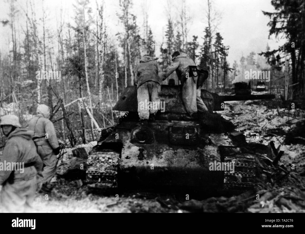 German soldiers are investigating a burned out Soviet tank (T-34) in a forest southeast of Lake Ilmen. In the background, more shot down tanks. Photo of the Propaganda Company (PK): war correspondent von der Becke. Stock Photo