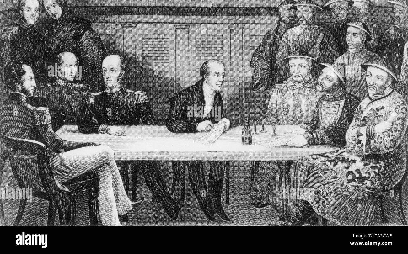 After China possessed the monopoly of the opium trade in Asia for decades, it was contested by the Brits. This led to the so-called Opium War (1840-1842), which ended with a victory of England and the exclusion of the Chinese from the opium trade. The contemporary illustration shows a meeting between representatives of the two powers on the ship 'Welllesley' in July 1841. Stock Photo