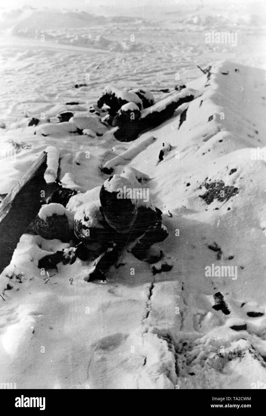 The bodies of several fallen soldiers lie on a snow-covered field at Demjansk. Photo of the Propaganda Company (PK): war correspondent Ulrich. Stock Photo
