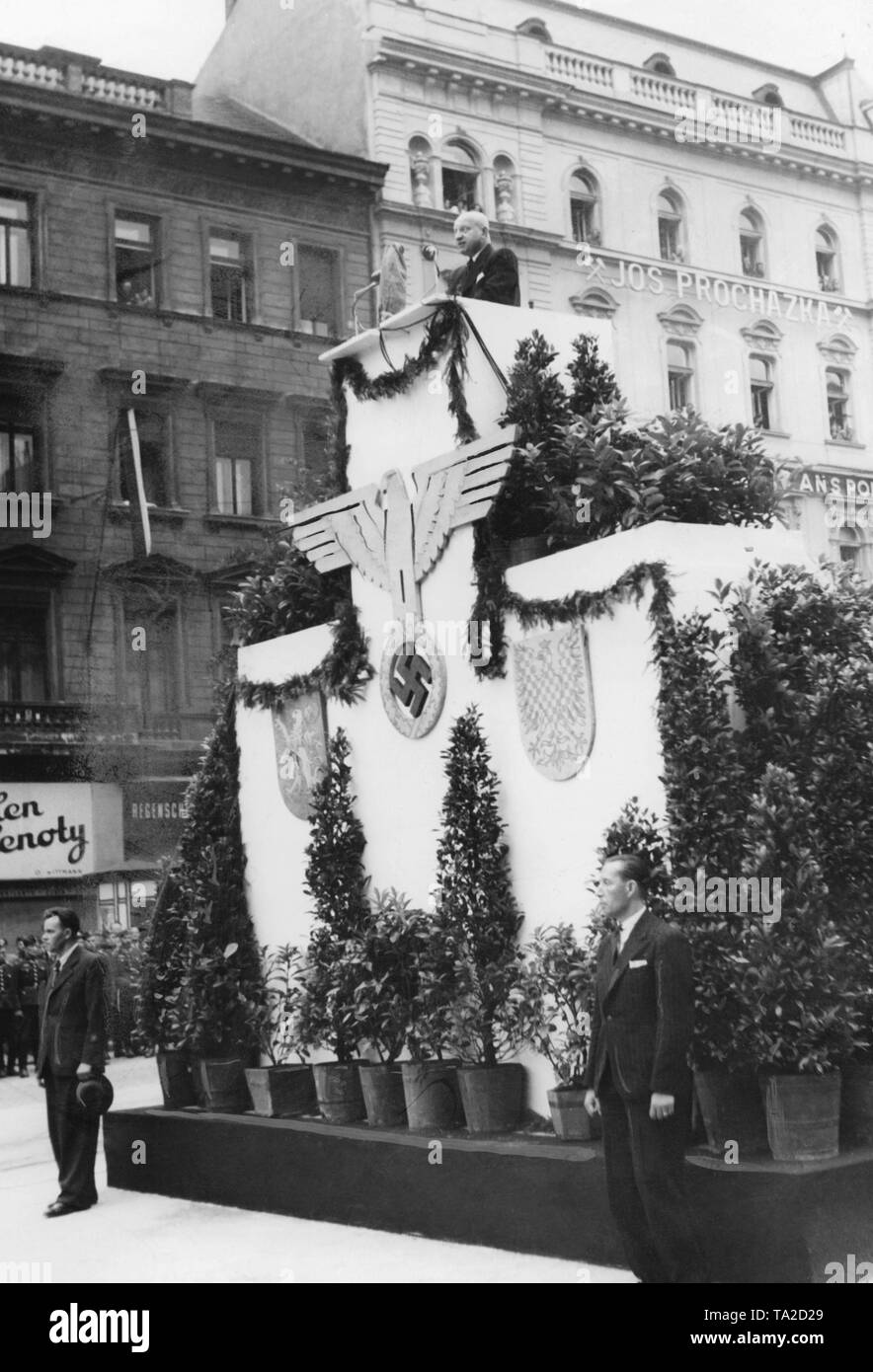 Minister of Public Enlightenment and Propaganda Emanuel Moravec gives a speech at a rally at Wenceslas Square in Prague. He gives an account of the activities of the protectorate government. Stock Photo
