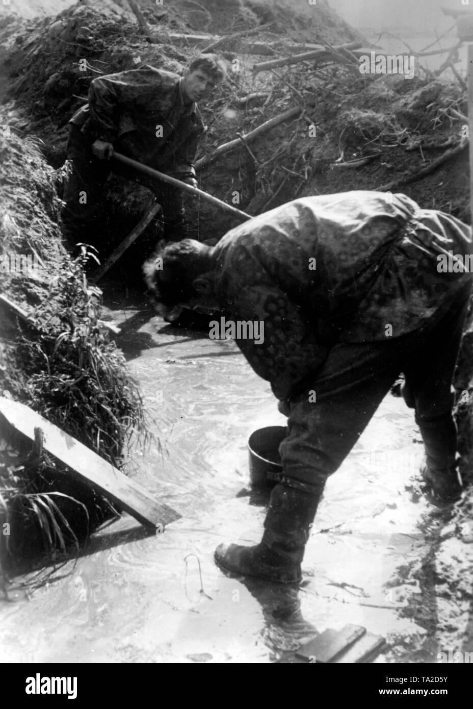 German soldiers dig a trench. Due to the precipitation and the marshy soil on the Leningrad Front, the soldiers are fighting mud, water and mosquitoes. Photo of the Propaganda Company (PK): SS war correspondent Krauss. Stock Photo