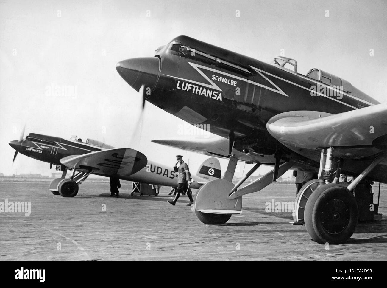 In the 1930s, Lufthansa used Heinkel He 70 'Blitz' aircrafts on German domestic routes. With a top speed of 362 km / h, the He 70 was the fastest airliner of its time. Stock Photo