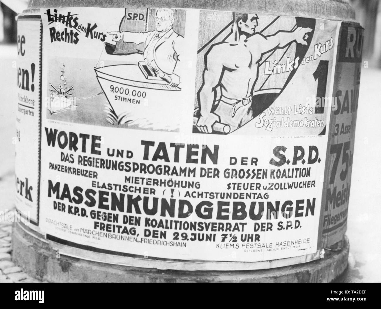 On a poster the KPD calls for mass rallies against the SPD following the armored cruiser affair. The SPD had voted in the election campaign against the purchase of an armored cruiser, but then after the elections in the Reichstag they voted for the purchase. The KPD took advantage of the fiasco and accused the Social Democrats of lying and betraying. Stock Photo